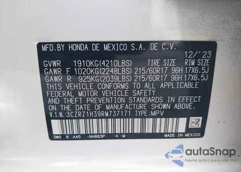 2024 Honda Hr-V 2Wd Lx из США, поврежденный, VIN 3CZRZ1H39RM737171